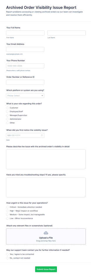 Archived Order Visibility Issue Report Form Template