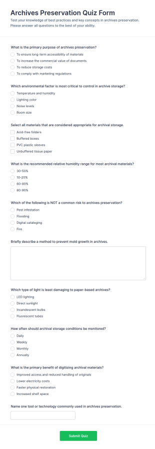 Archives Preservation Quiz Form Template