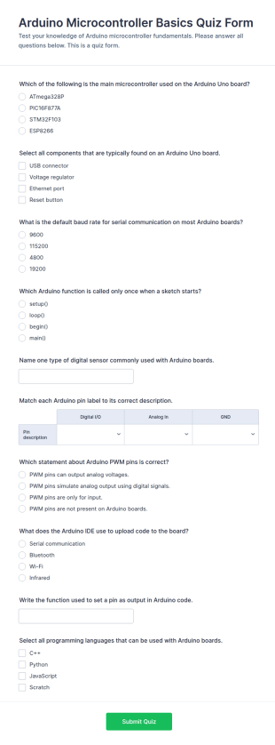 Arduino Microcontroller Basics Quiz Form Template