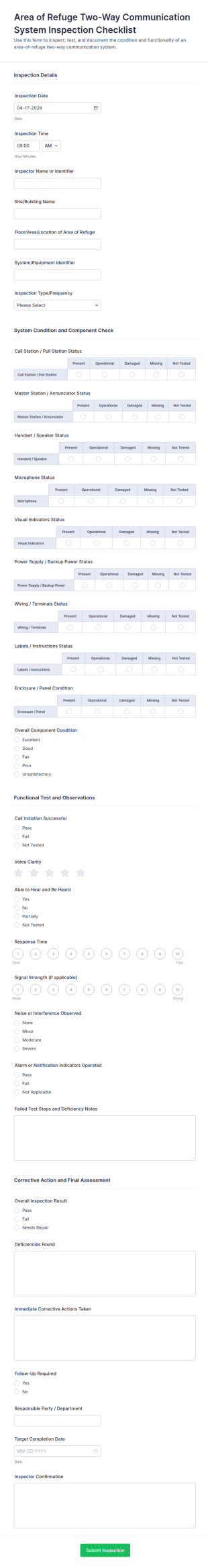 Area Of Refuge Two Way Communication System Inspection Checklist Form Template