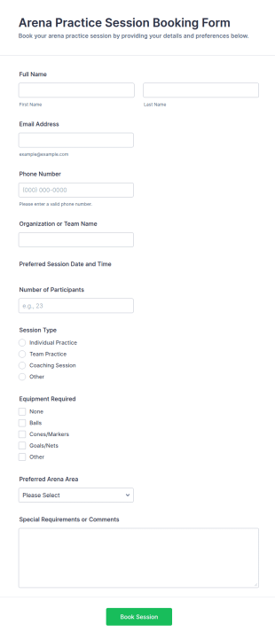 Arena Practice Session Booking Form Template