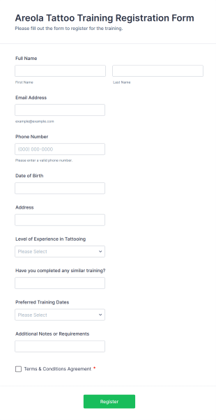 Areola Tattoo Training Registration Form Template