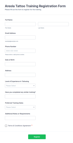 Areola Tattoo Training Registration Form Template