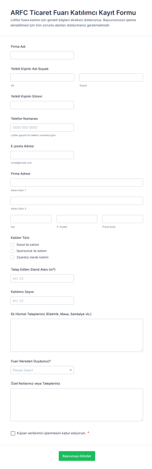 ARFC Ticaret Fuarı Katılımcı Kayıt Form Şablonu
