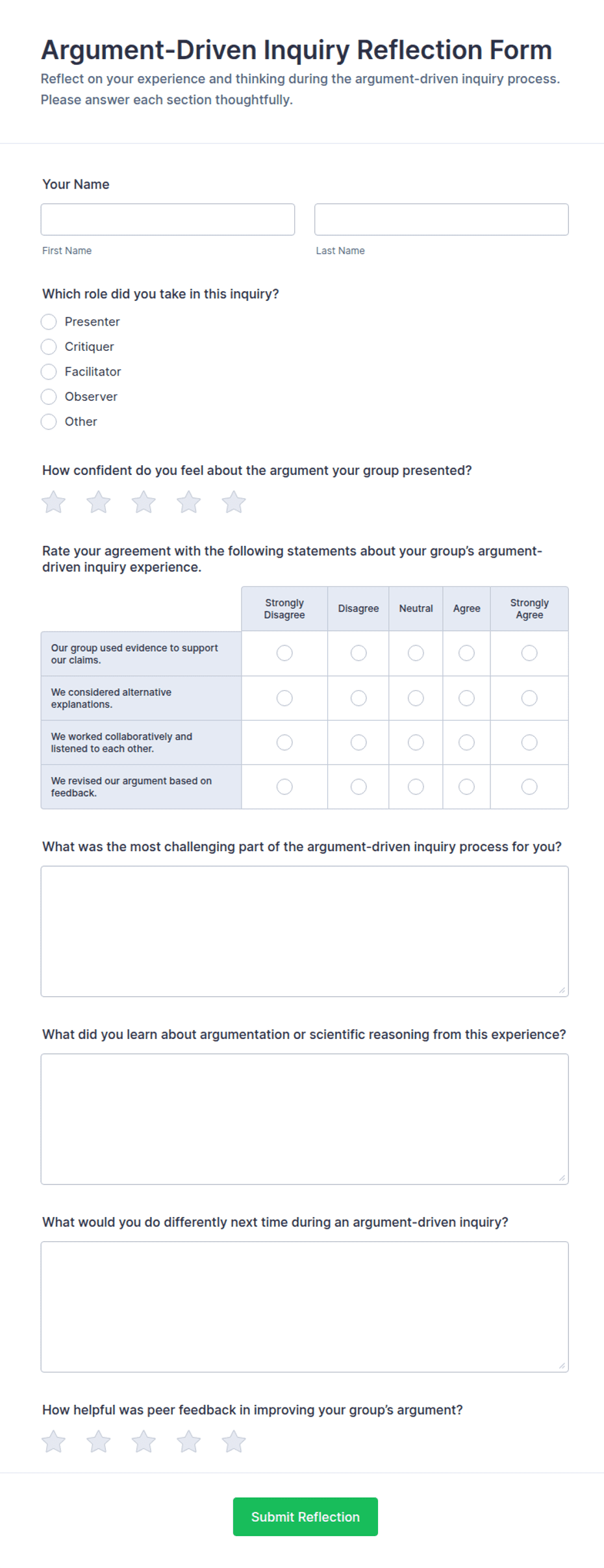 Argument-Driven Inquiry Reflection Form Template | Jotform