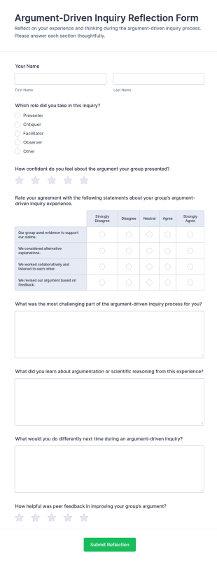 Argument Driven Inquiry Reflection Form Template