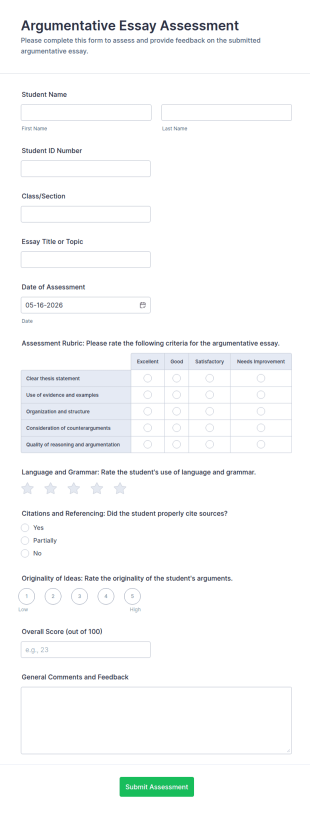 Argumentative Essay Assessment Form Template