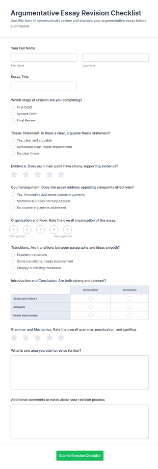 Argumentative Essay Revision Checklist Form Template