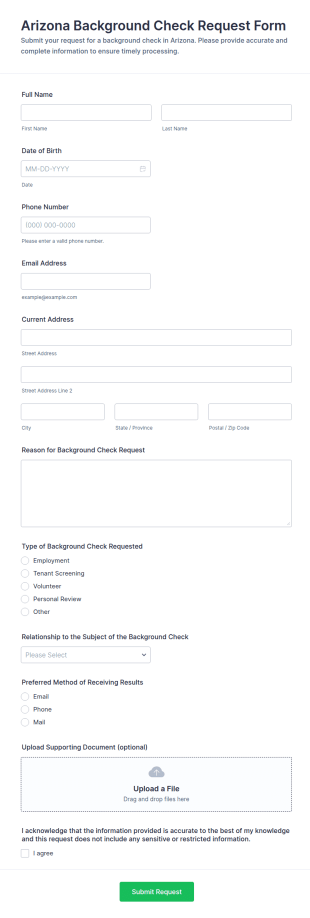 Arizona Background Check Request Form Template