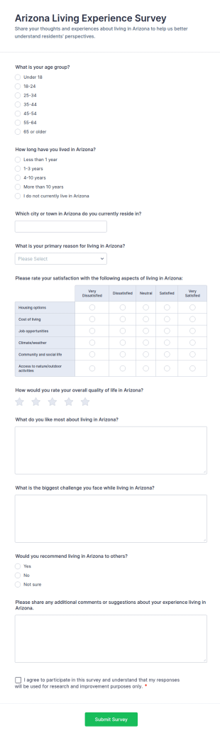 Arizona Living Experience Survey Form Template