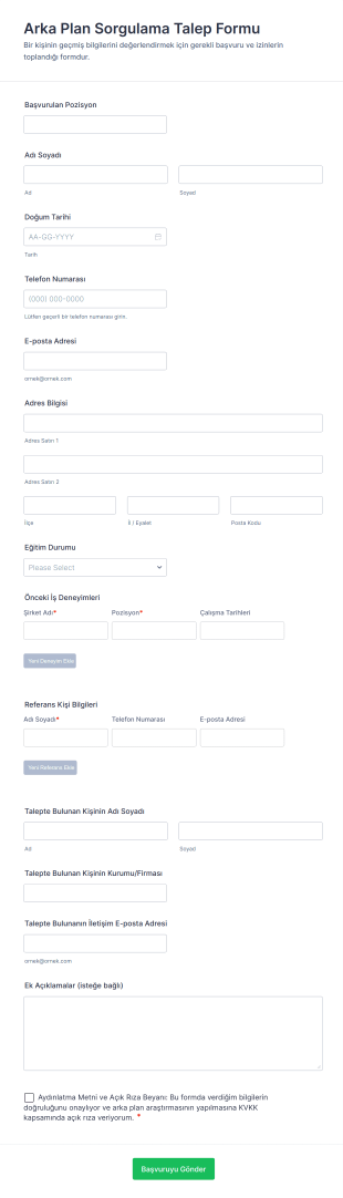 Arka Plan Sorgulama Talep Form Şablonu