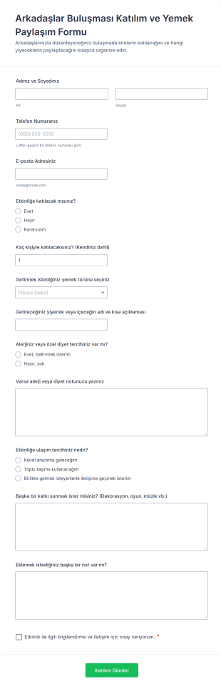 Arkadaşlar Buluşması Katılım Ve Yemek Paylaşım Form Şablonu