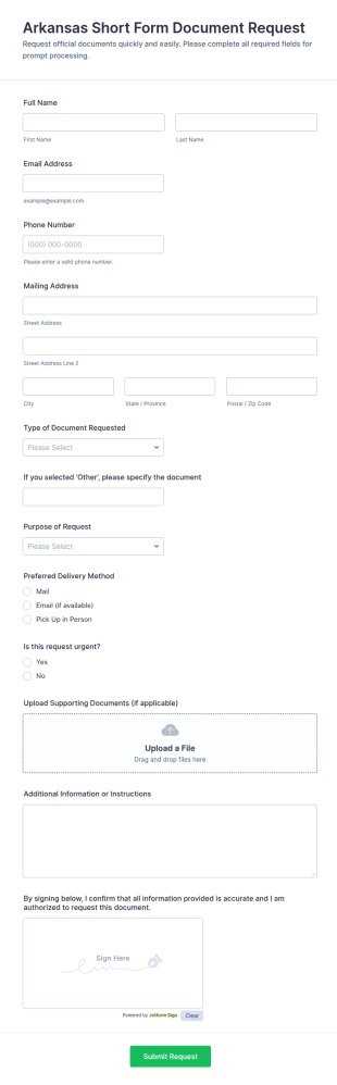 Arkansas Short Form Document Request Form