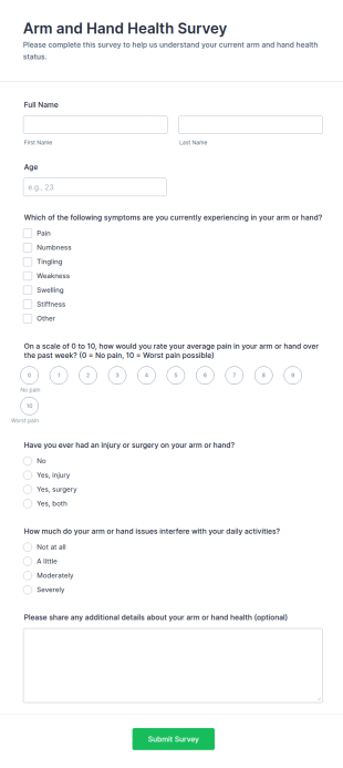 Arm And Hand Health Survey Form Template