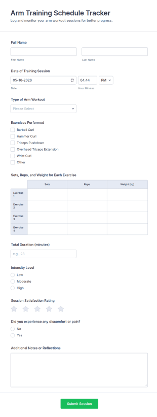 Arm Training Schedule Tracker Form Template