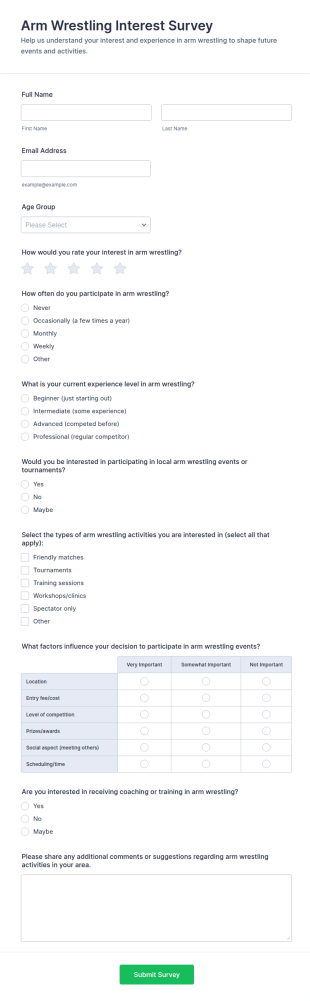 Arm Wrestling Interest Survey Form Template