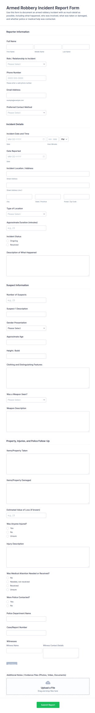 Armed Robbery Incident Report Form Template