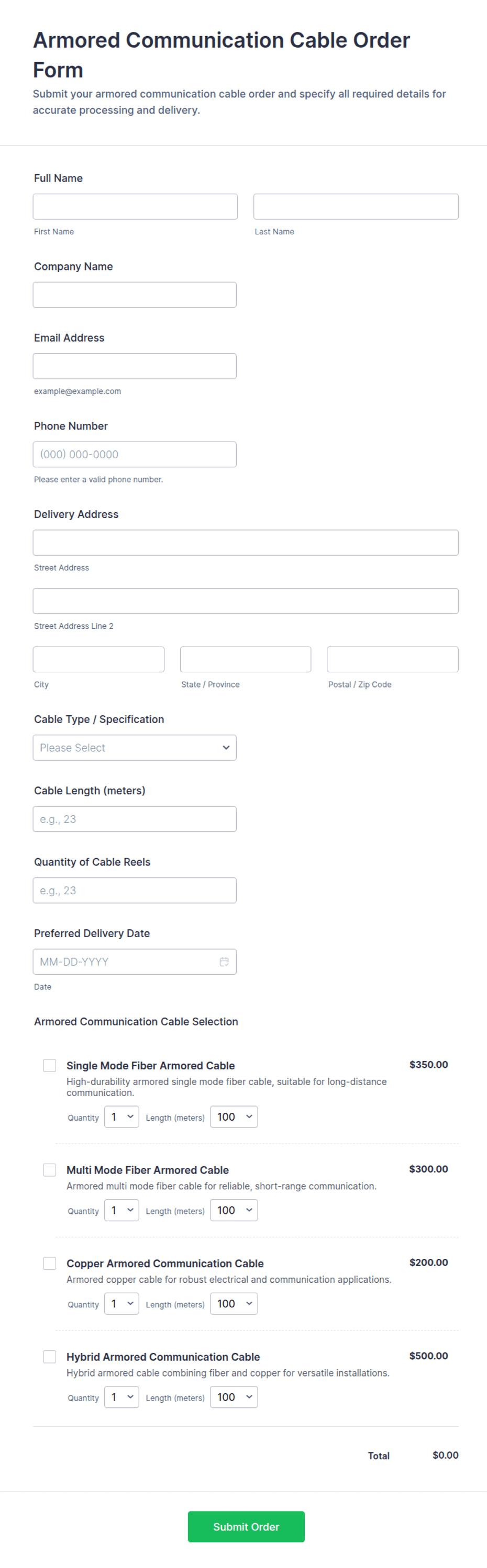 Armored Communication Cable Order Form Template | Jotform