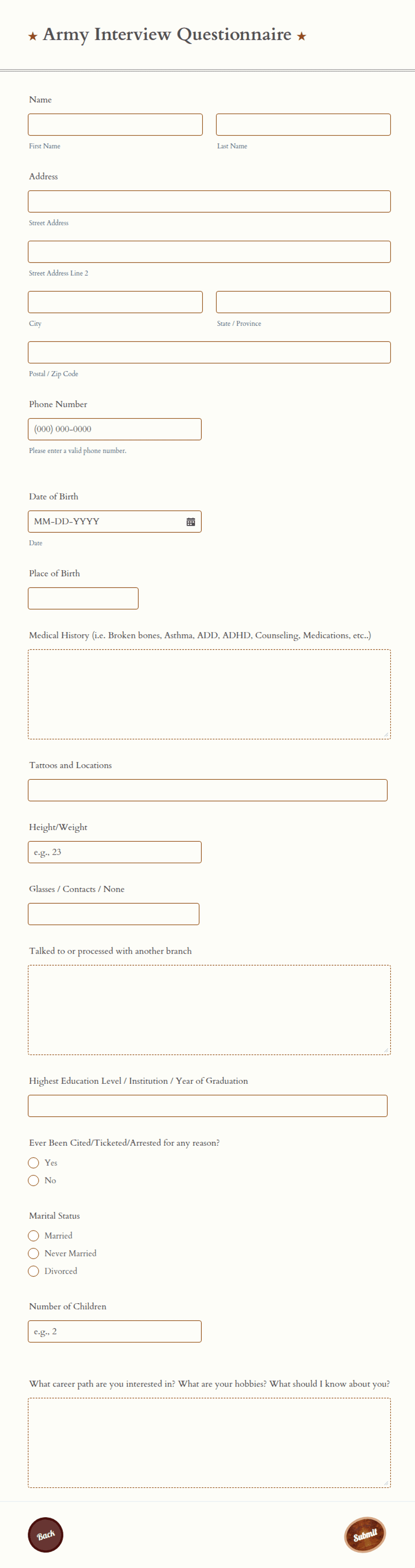 Army Interview Questionnaire Form Template | Jotform