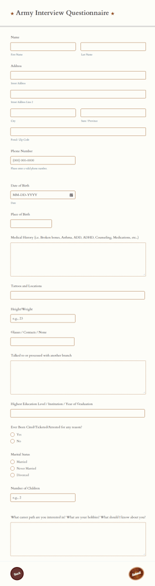 Army Interview Questionnaire Form Template