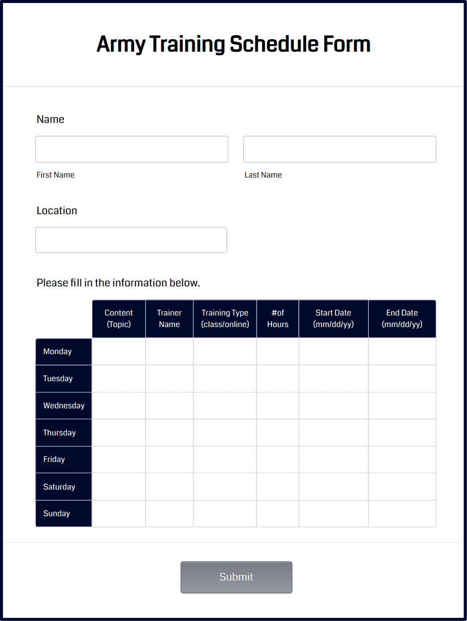 Army Training Schedule Template Lovely Army Prt Workout