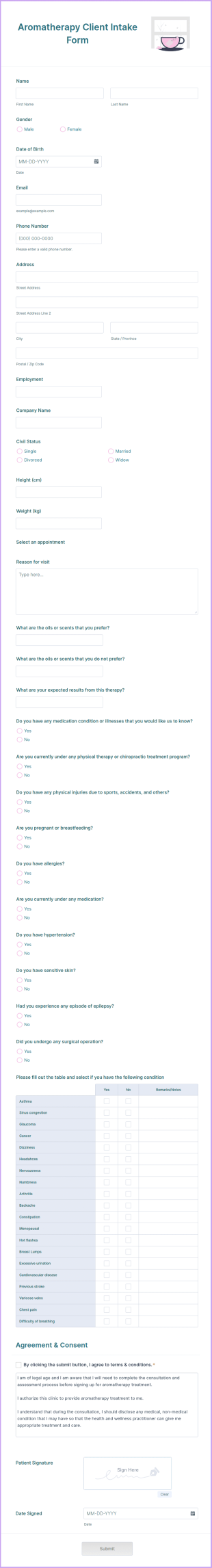 Aromatherapy Client Intake Form Template