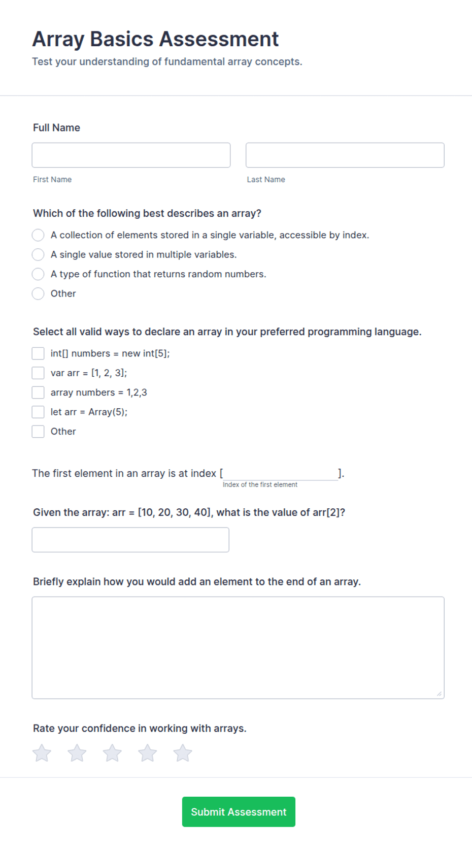 Array Basics Assessment Form Template | Jotform