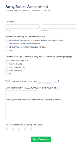 Array Basics Assessment Form Template