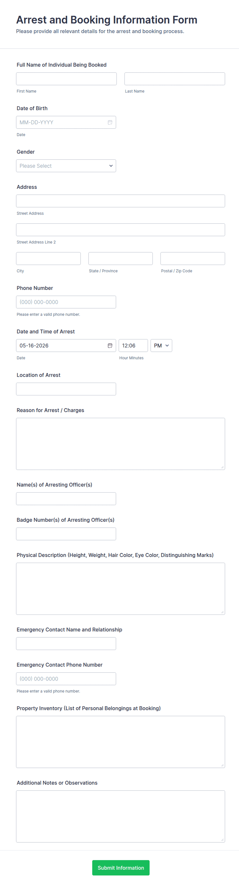 Arrest and Booking Information Form Template | Jotform