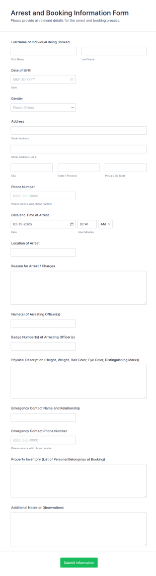 Arrest And Booking Information Form Template