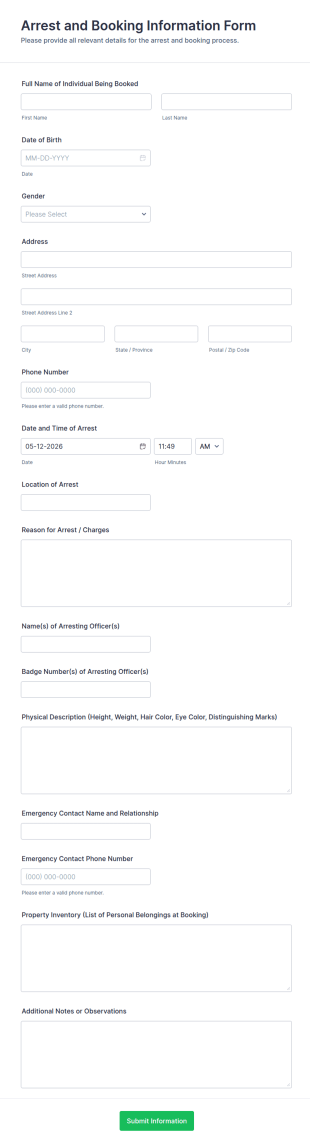 Arrest And Booking Information Form Template