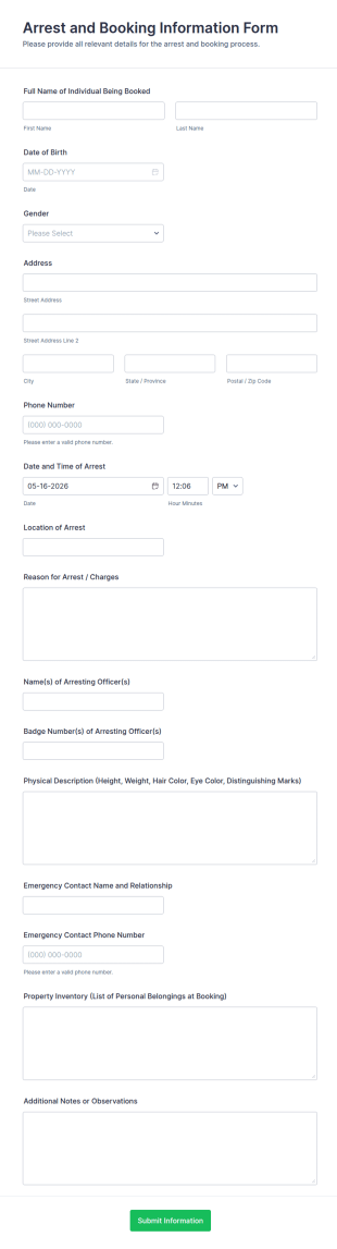 Arrest And Booking Information Form Template