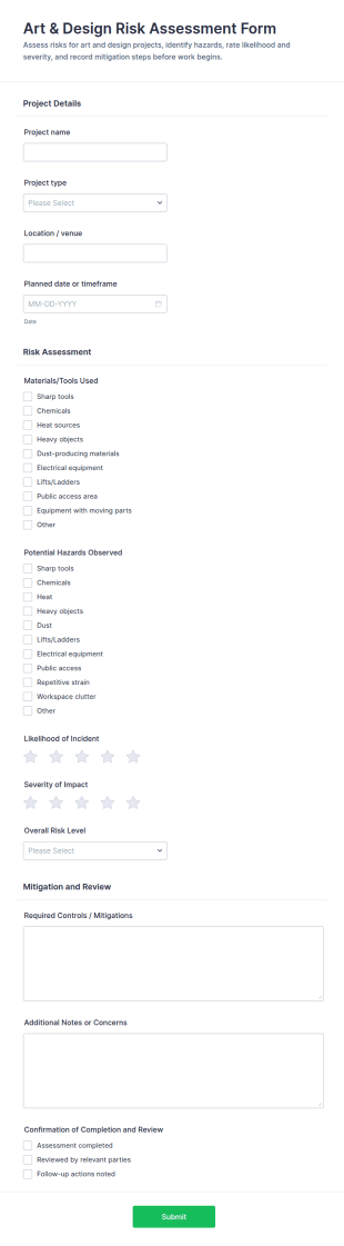 Art & Design Risk Assessment Form Template