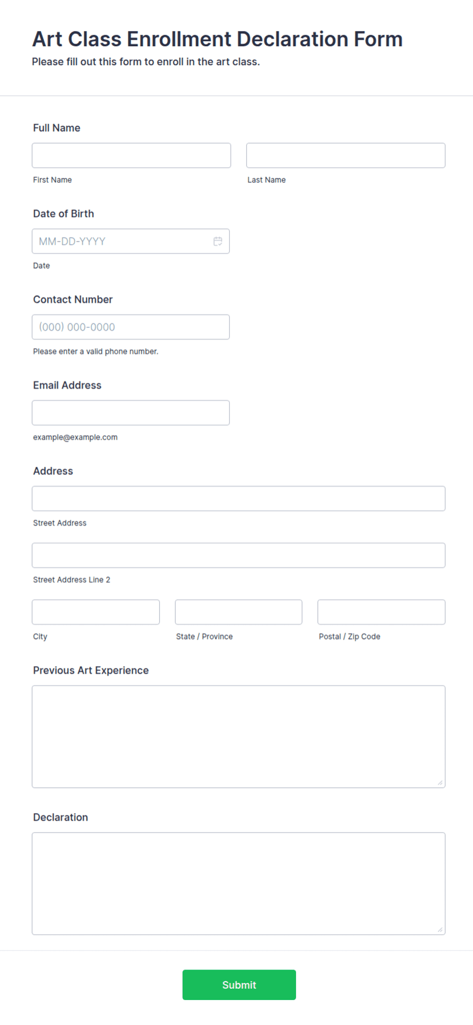 Art Class Enrollment Declaration Form Template | Jotform
