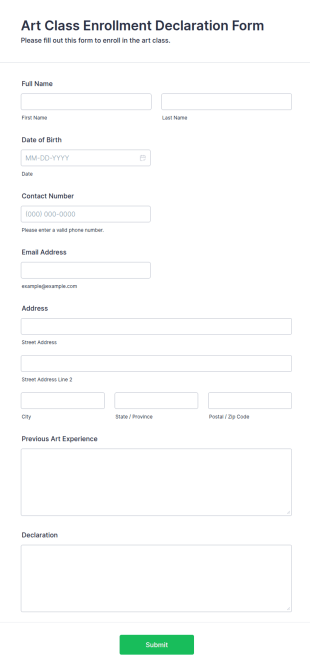 Art Class Enrollment Declaration Form Template
