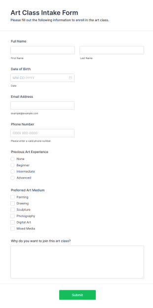 Art Class Intake Form Form Template