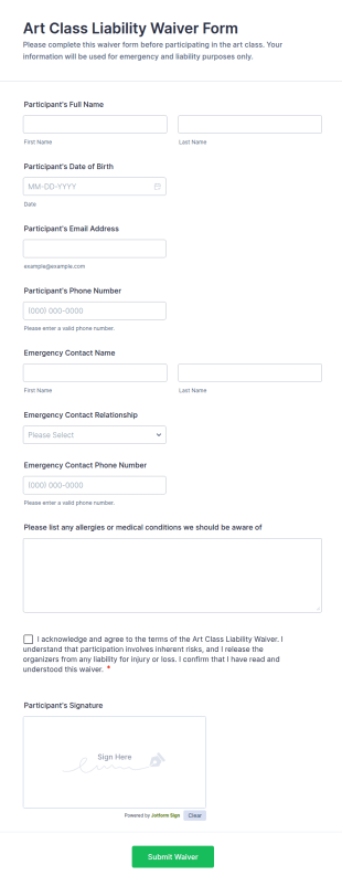 Art Class Liability Waiver Form Template
