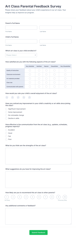 Art Class Parental Feedback Survey Form Template