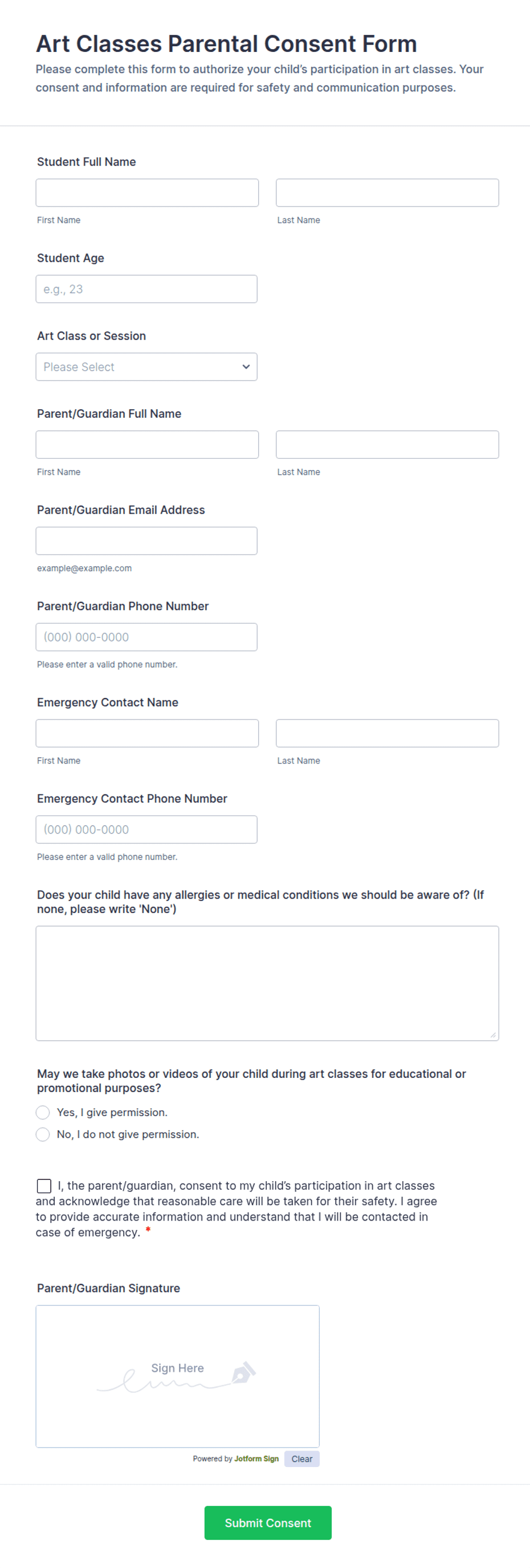 Art Classes Parental Consent Form Template | Jotform