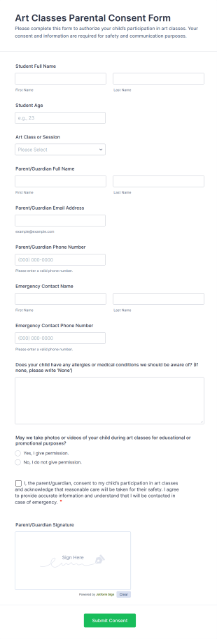 Art Classes Parental Consent Form Template