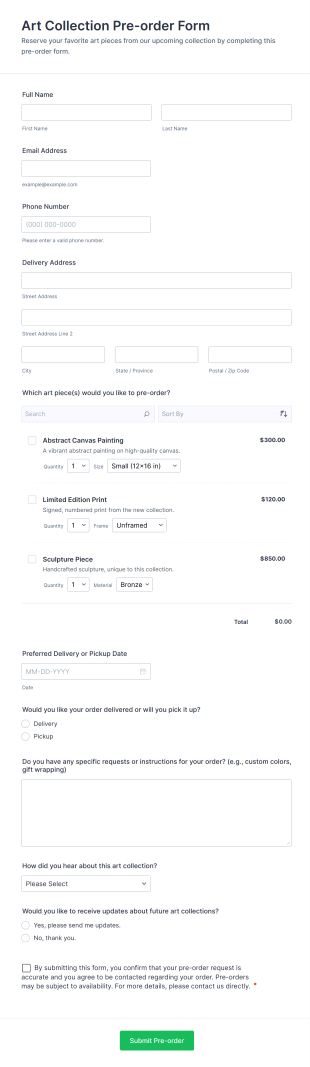 Art Collection Pre Order Form Template