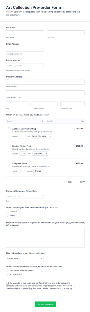 Art Collection Pre Order Form Template