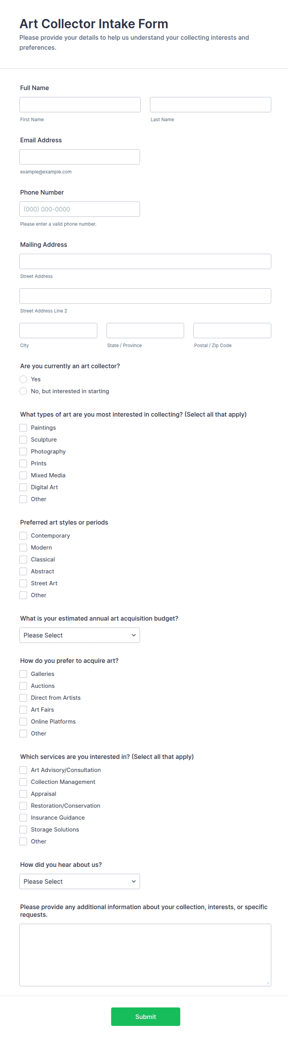 Art Collector Intake Form Template | Jotform