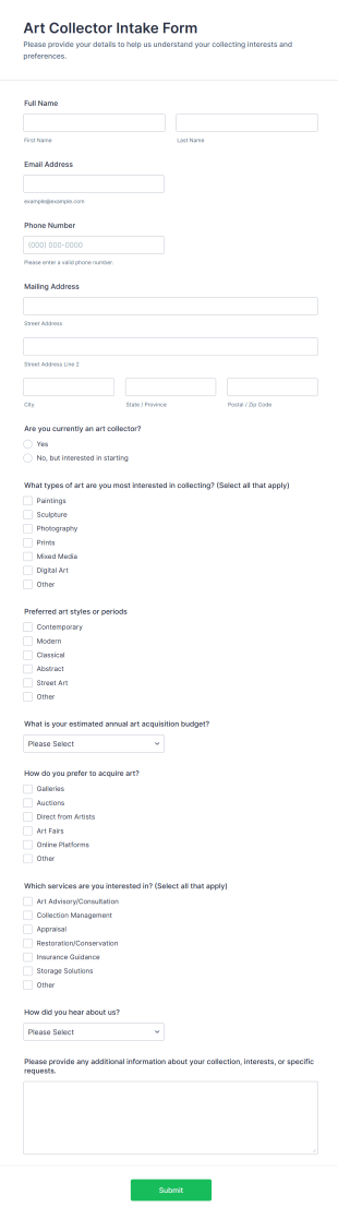 Art Collector Intake Form Template