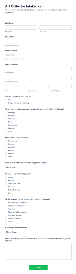 Art Collector Intake Form Template