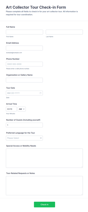 Art Collector Tour Check In Form Template