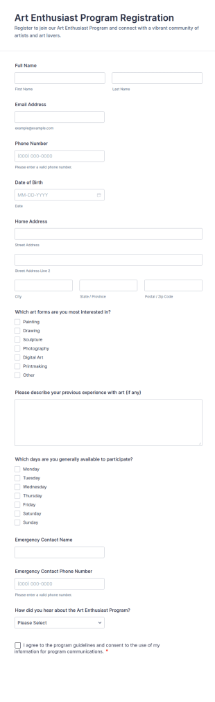 Art Enthusiast Program Registration Form Template