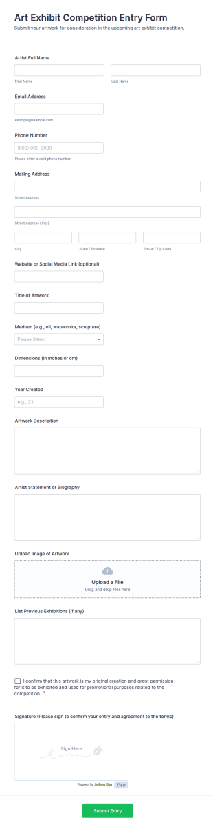 Art Exhibit Competition Entry Form Template