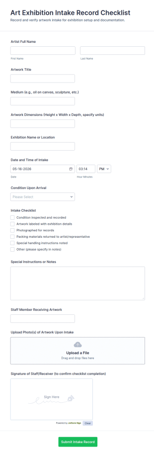Art Exhibition Intake Record Checklist Form Template