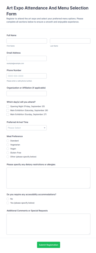 Art Expo Attendance And Menu Selection Form Template